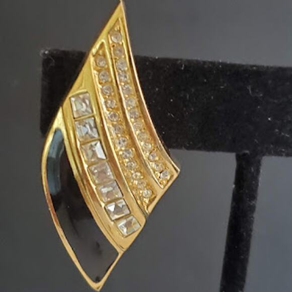 VTG Christian Dior Earrings Gold Plated‎ Black Enamel Crystal Large Clip-On 80's - Picture 6 of 6